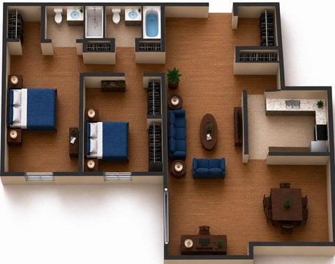 Floor plan for 2 beds, 2 baths, 1268 sqft
